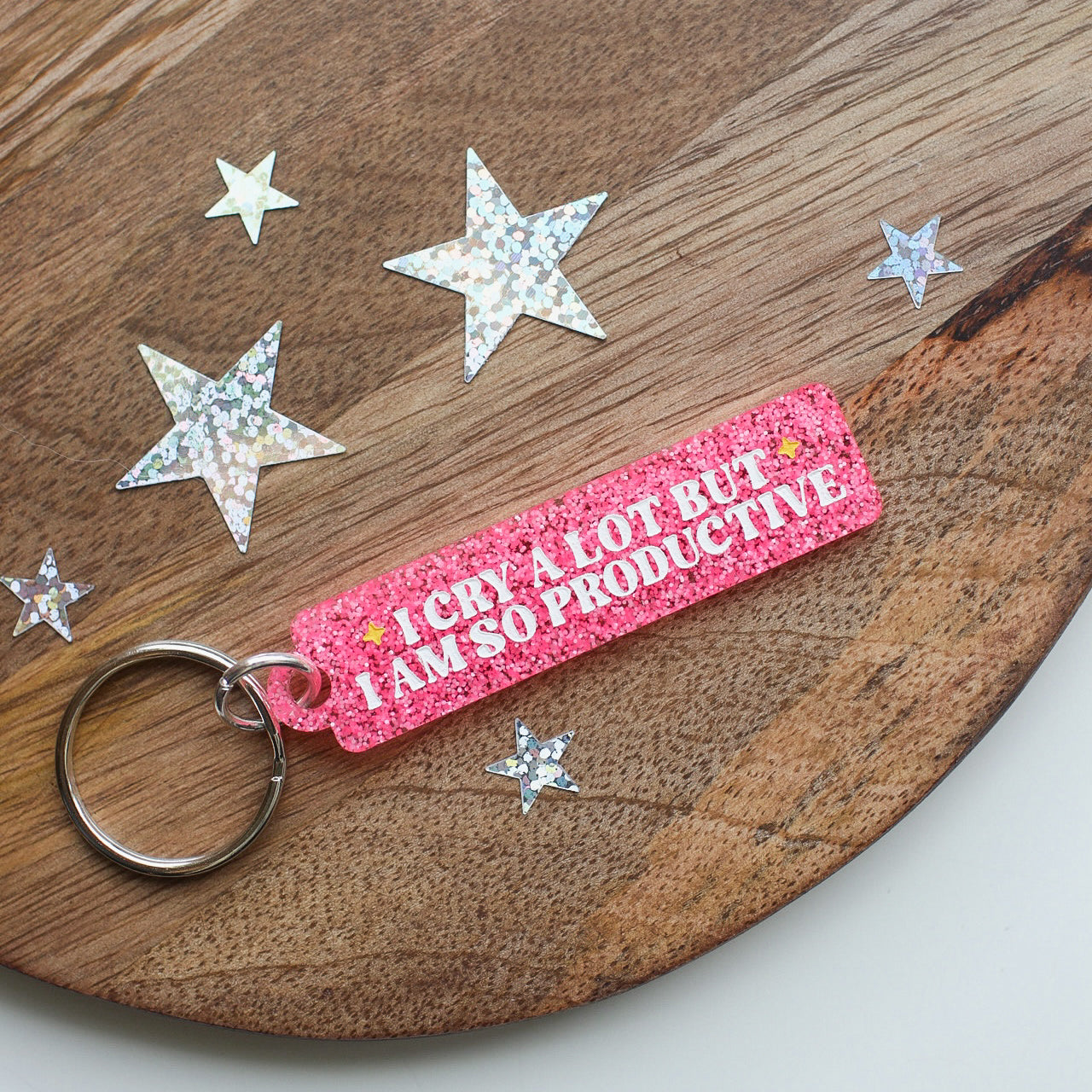 I Cry A Lot But I Am So Productive! Pink Glitter Keytag/Keychain
