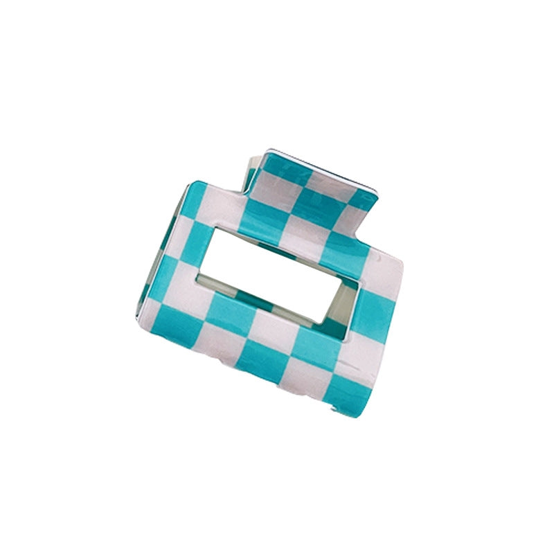 Checkered Acetate Small Claw Clip Blue + White