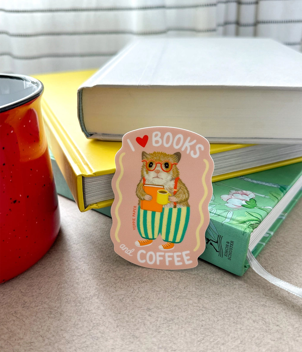 Books and Coffee Loving Bookish Hamster Sticker