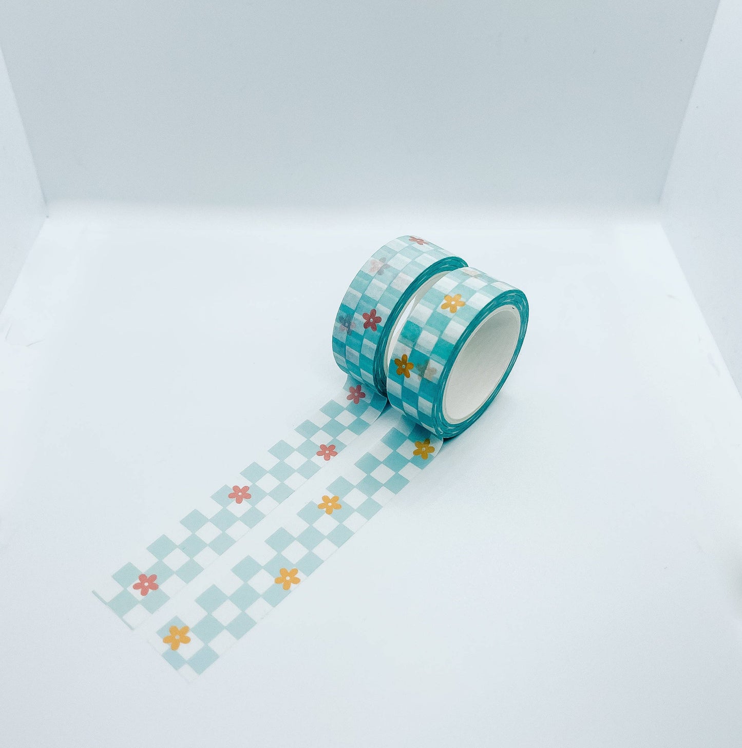 Teal Checkered Flower Washi Tape - Pink Flowers