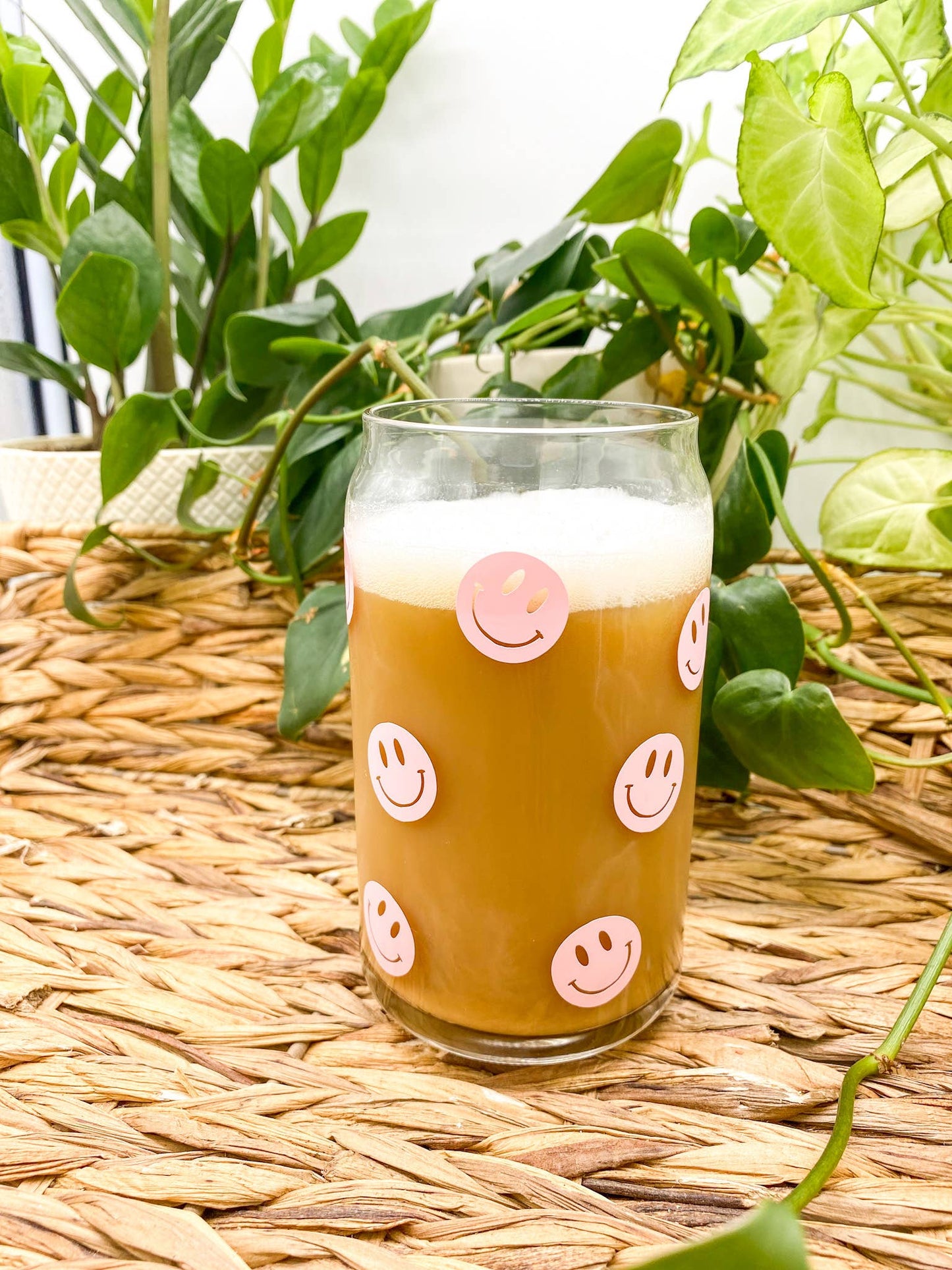 Pink Smiley Can Glass Cup