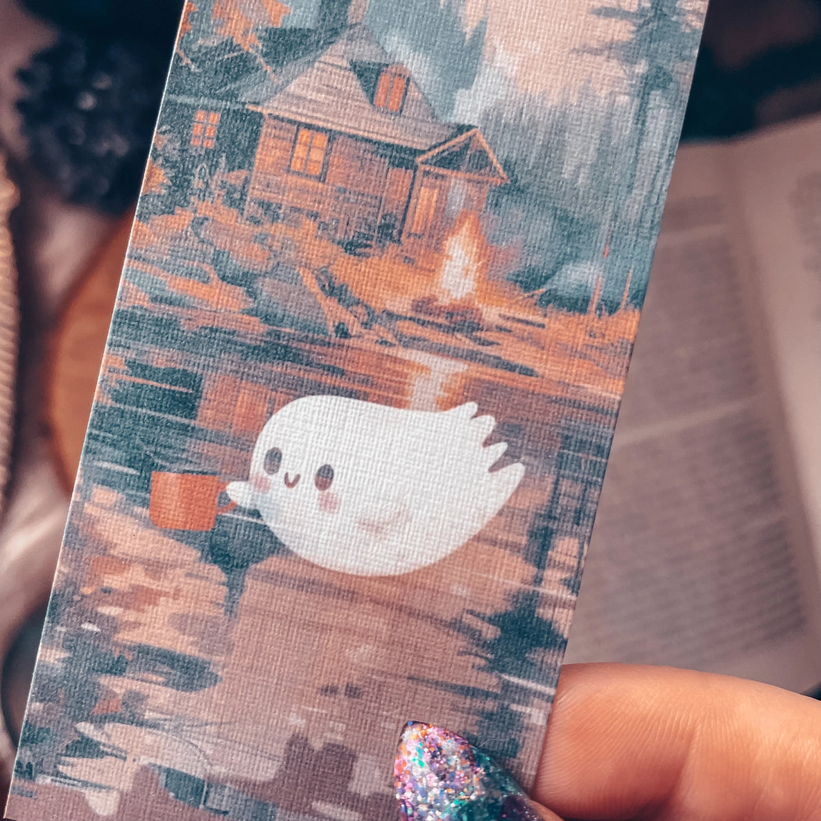 Cute Camping Ghost Watercolor Bookmark