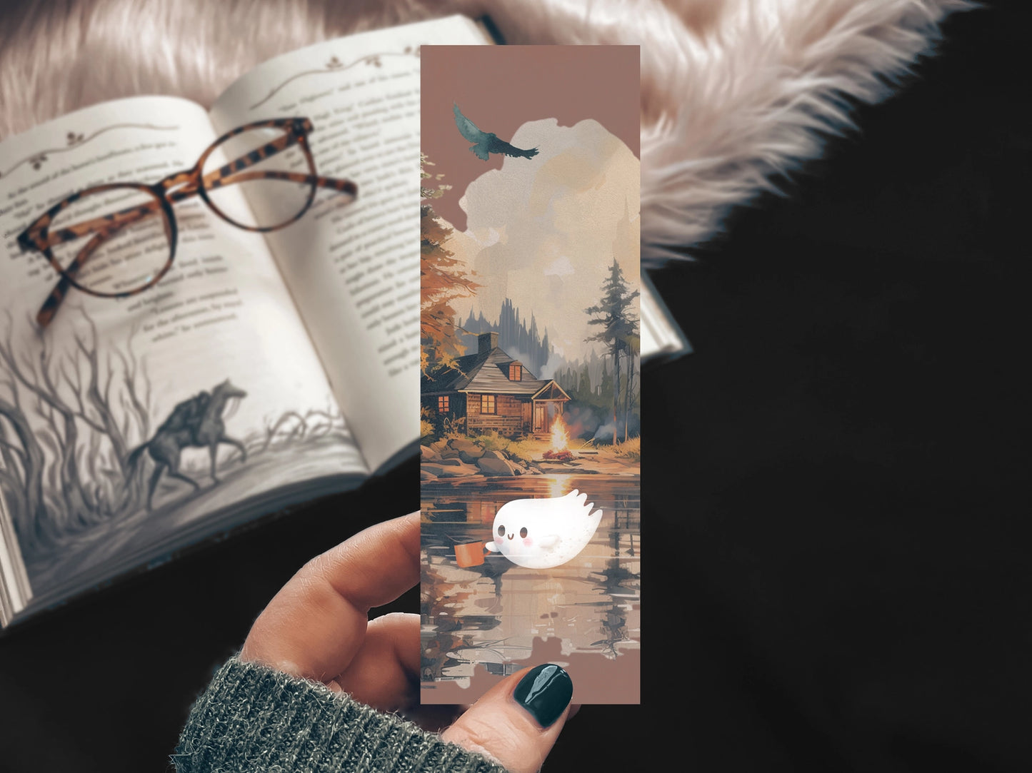 Cute Camping Ghost Watercolor Bookmark