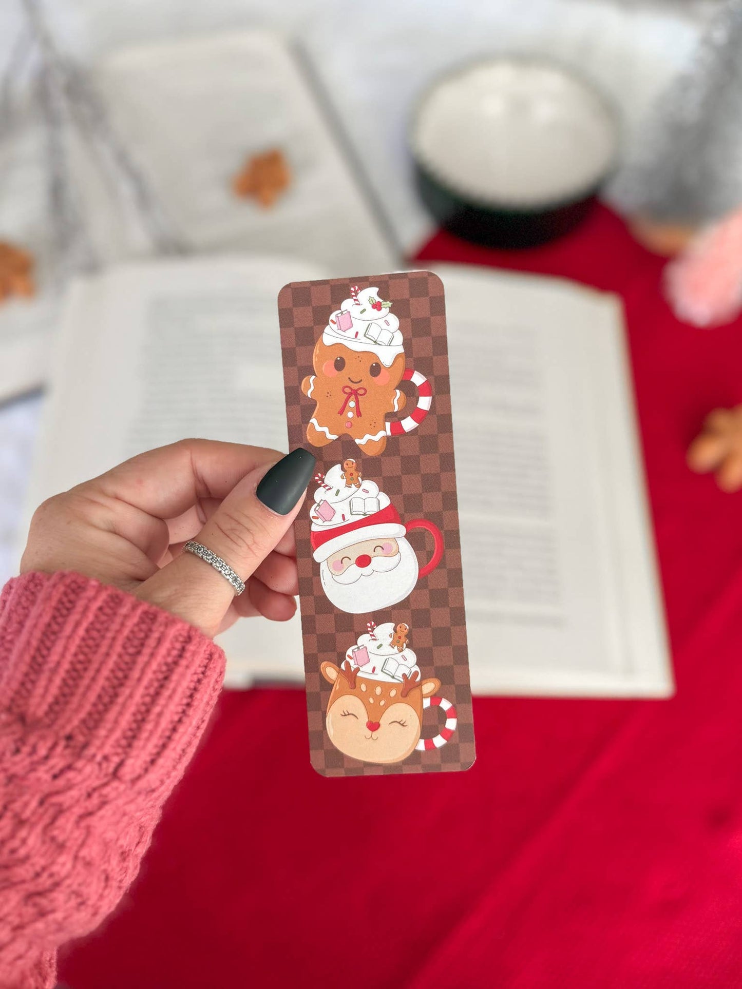 Hot Cocoa Mugs Bookmark | Cute Christmas Bookmark: Soft Touch Matte