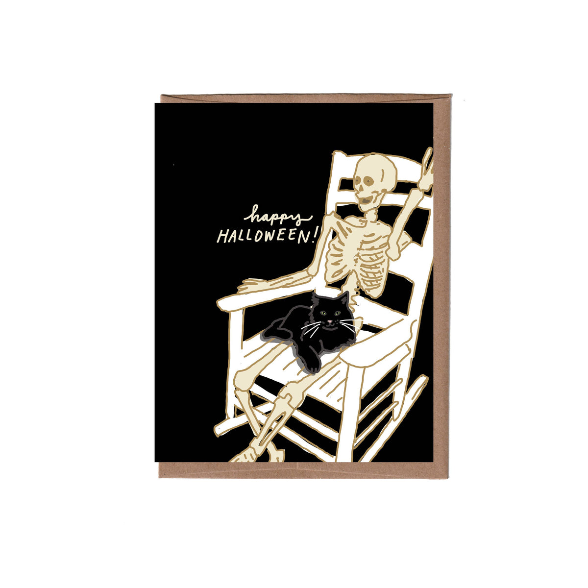 Cat with Skeleton Halloween Greeting Card