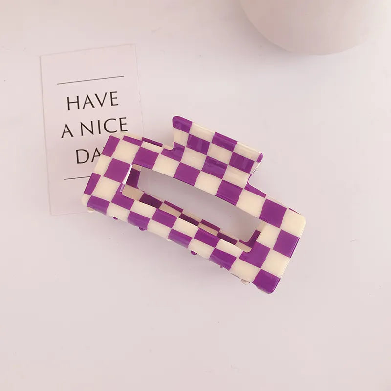 Checkered Large Acetate Square Claw Clip - Purple
