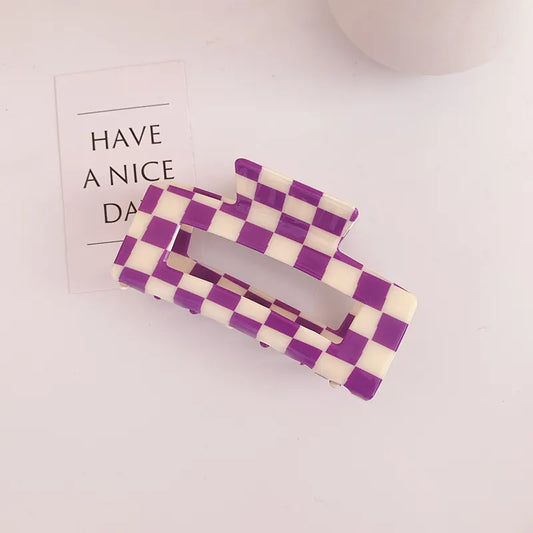Checkered Large Acetate Square Claw Clip - Purple