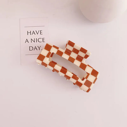 Checkered Large Acetate Square Claw Clip - Brown