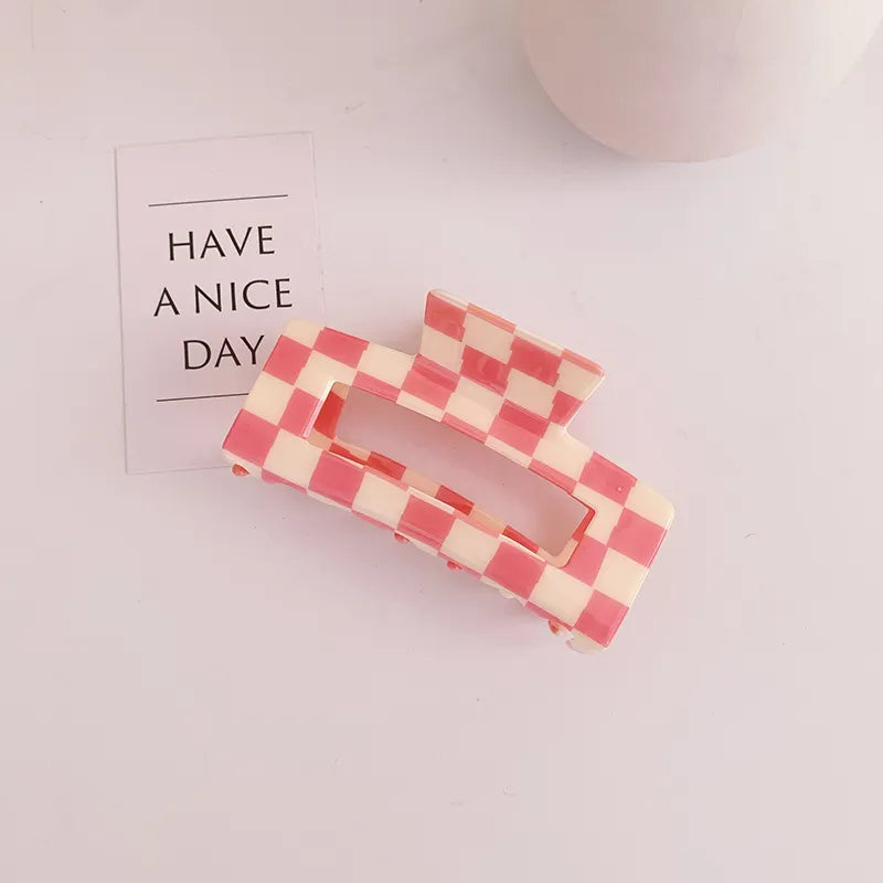 Checkered Large Acetate Square Claw Clip - Pink