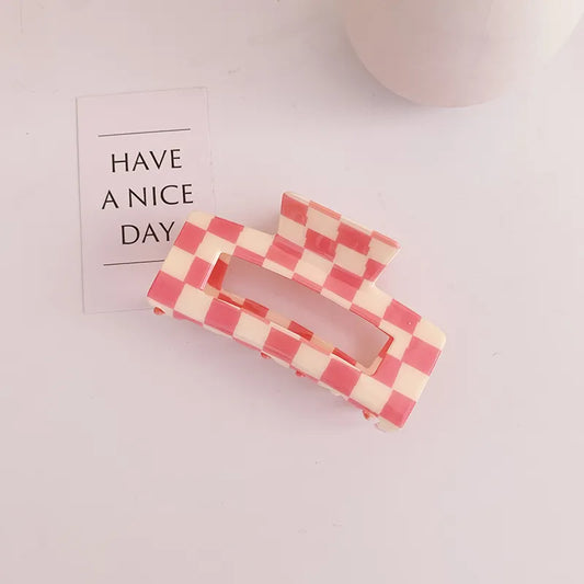 Checkered Large Acetate Square Claw Clip - Pink