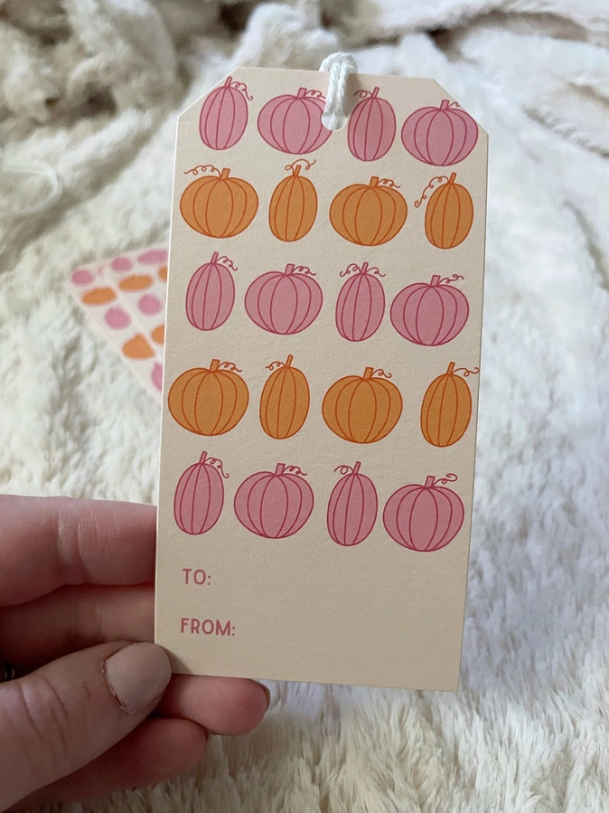 Fall Gift Tag - Pink & Orange Pumpkins Hanging Gift Tag (Set of 8)