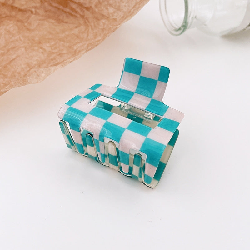 Checkered Acetate Small Claw Clip Blue + White