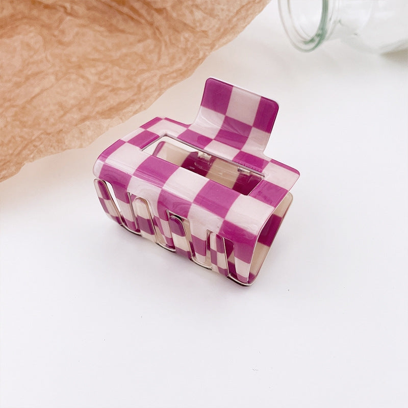 Checkered Acetate Small Claw Clip Purple + White