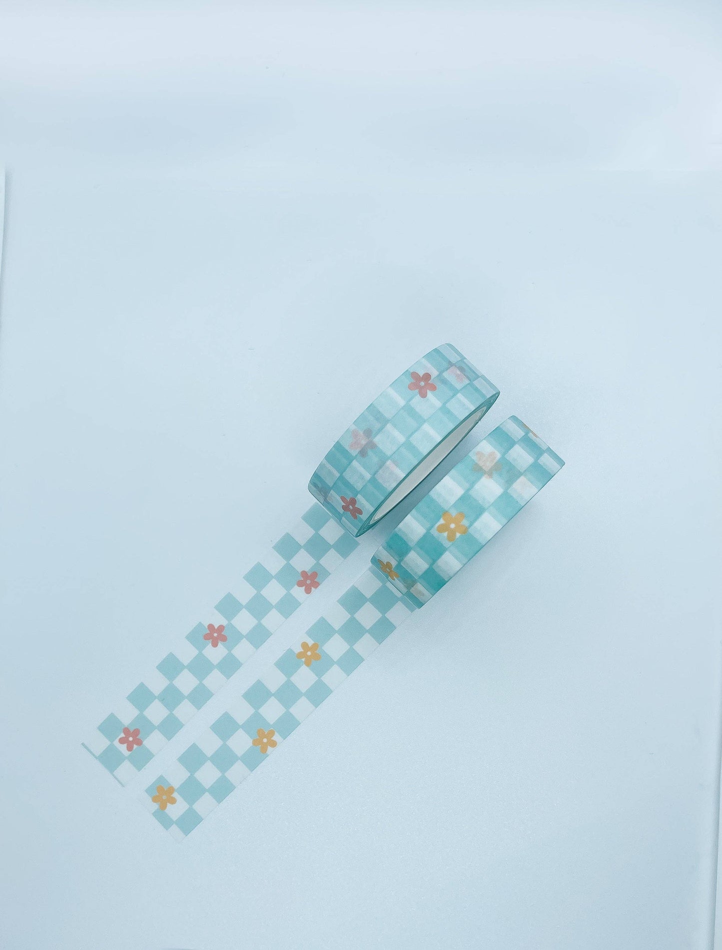 Teal Checkered Flower Washi Tape - Pink Flowers