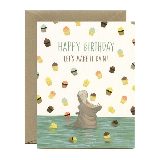 Hippo Cupcakes Birthday Card - "Happy Birthday, Let's Make It Rain!"